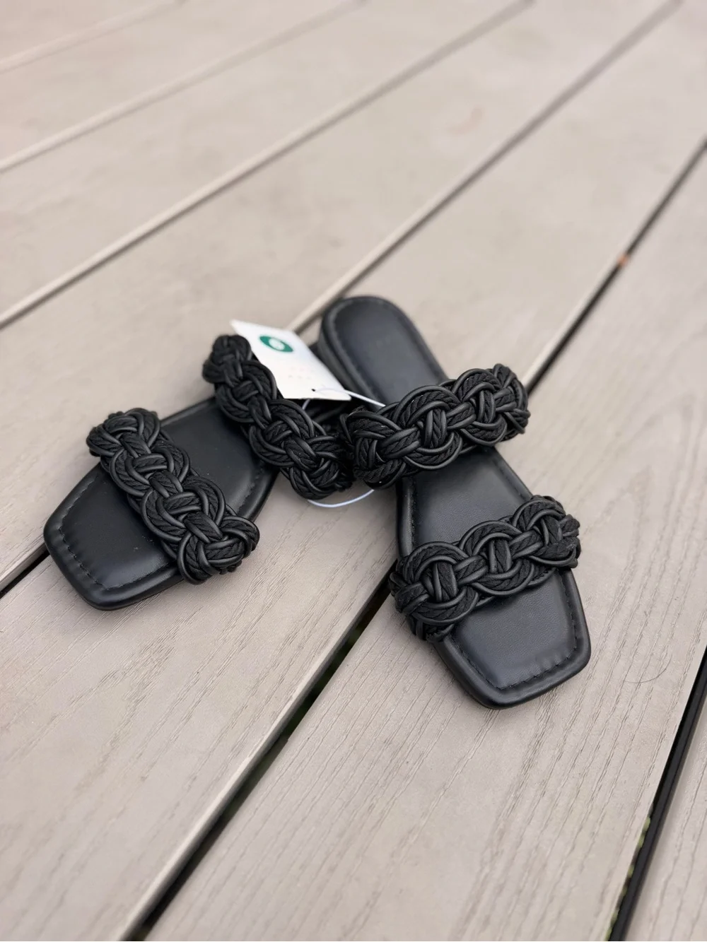 Black Braided Double Strap Open Toe Slide Sandals Flat Shoes